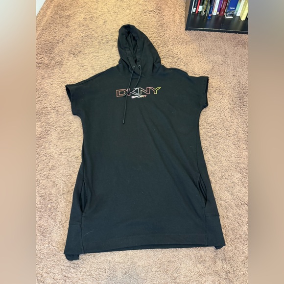 DKNY Sport Hooded Sweatshirt Dress Black Short Sleeve Pullover Oversized S - Picture 3 of 8